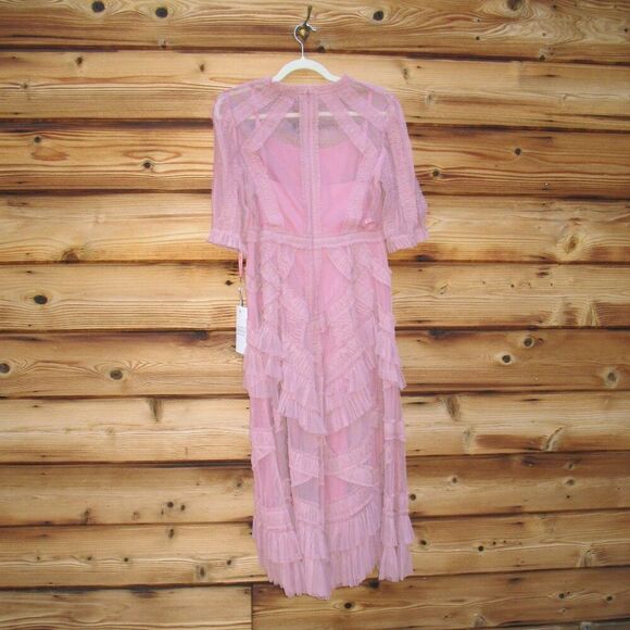 MAC DUGGAL 8058 Pink High Neck Micro Ruffle Tiered Midi Dress - Picture 13 of 16